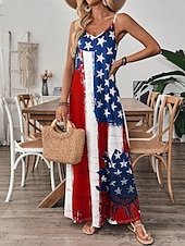 cheap Independence Day Dress-Independence Day Women&#039;s Patriotic Fourth of July Maxi Dress A Line Dress Slip Dress Vacation Casual Outdoor Going out Regular Fit Graphic American Flag Sleeveless V Neck Spaghetti Strap Blue
