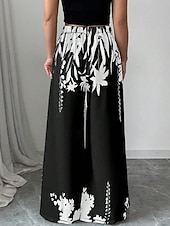 cheap Wide Leg &amp; High Waisted-Women's Wide Leg Slacks Streetwear Casual Full Length Natural Flower Elastic Waist Printing Comfy Outdoor Comfortable Holiday Weekend Black White Fall Regular Fit