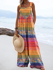 abordables combinaison de vacances-Femmes Combinaison Actif Fleuri Sans manches Jambe large Vacances Rue Coupe Ample Jaune Rose Claire Rouge Été