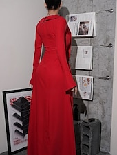 preiswerte ROT-Meerjungfrau  Trompeten Abendkleid Elegantes Kleid Formale Hochzeit Bodenlang Langarm V-Ausschnitt Stretch-Crêpe mit Rüschen