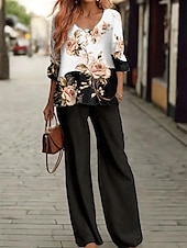 Naisten pusero 3/4 hihainen U-kaula-auko liukuvärinen kukkakuva ulkoiluloma rento musta vaaleanvihreä taivaansininen kesä löysä malli halpa Naisten puseropuvut-Naisten pusero 3/4 hihainen U-kaula-auko liukuvärinen kukkakuva ulkoiluloma rento musta vaaleanvihreä taivaansininen kesä löysä malli