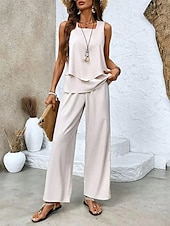 tanie Bluzki damskie garniturowe-Damskie Moda Moda miejska Codzienny Zestawy spodni Bez rękawów Kwadratowy dekolt Jednokolorowe Kwiaty Nadruk Urlop Codzienny Czerwony Niebieski Brązowy Lato Regularny