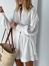 tanie Zestawy-Damskie Moda Moda miejska Codzienny Zestawy spodenek Długi rękaw Kołnierzyk koszuli Jednokolorowe Codzienny Dzienne zużycie Biały Rumiany róż Niebieski Lato Luźna