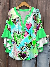 cheap Art&amp;Design Tops-Women&#039;s Blouse Heart Graphic Bohemia Vintage Daily 3/4 Length Sleeve V Neck Regular Tops Daily Holiday Print Red Blue Purple Green Summer Spring Fall