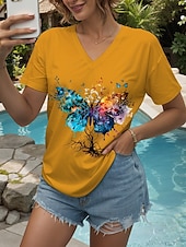 ieftine Tricou cu animale-Pentru femei Tricou Grafic Animal Fluture Epocă Stilat Clasic Manșon scurt În V Topuri obișnuite Zilnic Ieșire Sfârșit de săptămână Imprimeu Negru Alb Galben Roz Îmbujorat Roșu-aprins Vară Primăvară