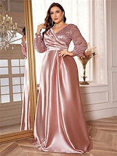 abordables VERT-Robe A-Line Grande Taille Élégante Robe Courbe De Mariage Formelle Longue Au Sol Manches Longues Col en V En Polyester Avec Plis 2025