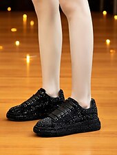 baratos Ténis de mulher-Tênis plataforma feminino branco com strass - sapatos de festa brilhantes com cadarço e detalhes em cristal para a vida noturna e para baladas