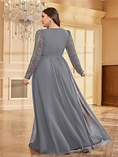 cheap BLUE-A-Line Plus Size Dresses Elegant Curve Dress Formal Wedding Floor Length Long Sleeve V Neck Chiffon with Sequin