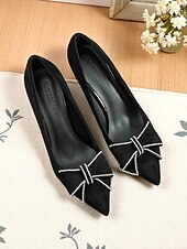 olcso Block Heels-női fekete velúr blokk sarkú, hegyes orrú, strasszos masnival díszített, elegáns és kényelmes alkalmi randevúkra és mindennapi viseletre.