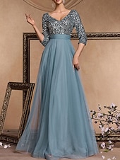 baratos AZUL-Vestido de Gala em A Vestido Elegante Formal Casamento Comprimento do Chão Manga 3/4 Decote em V Com Lantejoulas com Lantejoulas