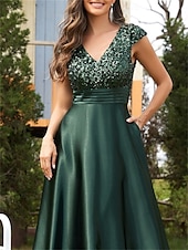 baratos AZUL-Vestidos de Quinceanera Linha A Vestido Elegante Casamento Formal Comprimento do Chão Sem Mangas Decote em V Cetim com Lantejoulas