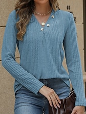 preiswerte Einfarbige Farben-Damen Bluse Einfach Modern Lässig Langarm V Ausschnitt Normale Oberteile Täglich Ausgehen Knöpfe Schwarz Blau Fuchsie Braun Grün Herbst