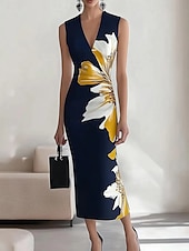 abordables Robe Fleurie-Femmes Robe maxi Robe fourreau Occasionnel Extérieur Sortir Coupe régulière Fleuri Sans manches Col en V Bleu marine Noir Été
