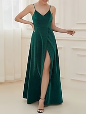 preiswerte Kleider für Hochzeitsgäste-A-Linie Hochzeitsgast Kleider Elegantes Kleid Hochzeitsgast Verlobung Bodenlang Ärmellos V-Ausschnitt Lurex-Stoff mit Falten Raffung Schlitz
