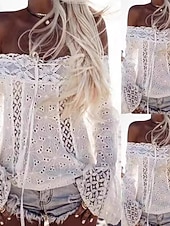 preiswerte Spitzenoberteile-Damen Bluse Spitzentops Einfach Modern Lässig Langarm Schulterfrei Normale Oberteile Täglich Ausgehen Spitze Fransen Weiß Sommer