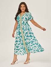 abordables Robes de vacances-robe mi-longue à manches bouffantes et col V