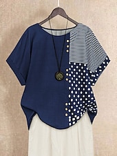 billige Kvinne Striper &amp; Geometriske Topper-Dame Bluse Grafisk Polkadotter Stripet Grunnleggende Kortermet Crew-hals Vanlige topper Ferie Knapper Trykt mønster Svart Navyblå Grønn Sommer Vår