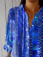 economico Bluse Floreali-Camicia da donna in lino simile traspirante leggera camicia tunica con bottoni colletto a maniche lunghe grafico geometrico paisley vintage tropicale quotidiano scollo a V lavoro stampa blu reale