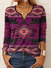 billige Boho t-skjorte-Dame T skjorte Grafisk Geometrisk Årgang Stilfull Klassisk Langermet Hals med hakk Vanlige topper Daglig Helg Trykt mønster Rød Blå Lilla Grønn Vår Høst