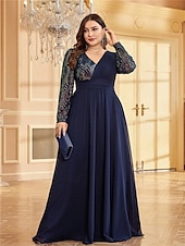 cheap BLUE-A-Line Plus Size Dresses Elegant Curve Dress Formal Wedding Floor Length Long Sleeve V Neck Chiffon with Sequin