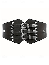 abordables Ceinture pour femme-Ceinture large élastique pour femme avec triple boucle vintage – Corset gothique en similicuir pour robes et costumes