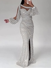 preiswerte GRAU-Meerjungfrau Paillettiertes Abendkleid Partykleid formelles Sweep-/Pinselzug lange Ärmel Scoop-Ausschnitt mit Glitzer Raffung Schlitz Maskerade-Kleid 2025