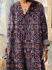 levne Boho šaty-Dámské Midi šaty Letní šaty Áčkové šaty prázdniny Na běžné nošení Jdeme ven Grafika Kašmírový vzor Dlouhý rukáv Do V Námořnická modř Léto Jaro