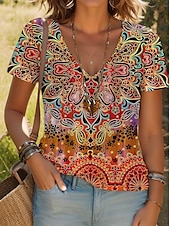 ieftine tricou boho-Pentru femei Tricou Floral Grafic Imprimeu Paisley Epocă Stilat Clasic Manșon scurt În V Topuri obișnuite Zilnic Imprimeu Negru Galben Roz Îmbujorat Roșu-aprins Mov Vară Primăvară