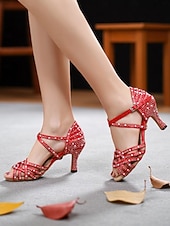 abordables Chaussures de danses latines-Chaussures de danse latine à talons strass pour femmes avec design à lanières, chaussures de salon à bout ouvert en satin pour performances professionnelles et soirées à thème Gatsby
