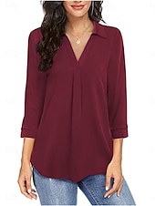 preiswerte Damen Einfache Oberteile-Damen Hemd Einfarbig Elegant Stilvoll Basic Dreiviertelarm V Ausschnitt Normale Oberteile Täglich Schwarz Wein Blau Grün Frühling Herbst