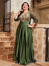 economico VERDE-Abito da sera A-Line elegante abito formale da matrimonio lungo fino al pavimento maniche a 3/4 scollo a V satinato schiena a V con pieghe