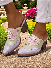 abordables Années 1950-Mules à talons Oxford colorblock pour femmes – chaussures brogues rétro à bout golf pour les amatrices de vintage, les tenues de bureau et les sorties décontractées