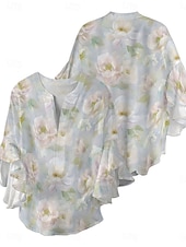 billige Blomstrete topper-Dame Bluse Blomstret Stilfull Moderne 3/4 ermer V-hals Vanlige topper Daglig Ferie Drapering Trykt mønster Lysegrønn Blå Grønn Grå Lyseblå Sommer