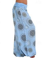 baratos perna larga e cintura alta-Mulheres Calças Calças Harem Calça Palazzo Moda Boho Comprimento total Cintura Média Imprimir Cintura elástica Confortável Micro-Elástica Rua Roupa Diária Para Noite Preto Amarelo Verde Tropa Azul