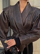 economico Giacche in finta pelle-Per donna Giacca in Ecopelle Caldo Confortevole Allacciato Tasca Moda All&#039;aperto Semplice All&#039;aperto Streetwear Uscire Regolare Collo ripiegato Vestibilità regolare Manica Lunga Capispalla Nero