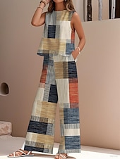 levne Sady-Dámské elegantní módní streetwear dvoudílné sety halenka vesta kalhoty kalhoty bez rukávů kulatý výstřih outdoor do práce ležérní pruhovaný potisk dovolená denní sváteční zelená khaki léto regular fit