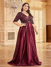 economico ROSSO-A-Line Taglie Forti Abiti Elegante Curve Abito Formale Matrimonio Lunghezza Piena Manica Mezza V Collo Poliestere con Pieghe 2025