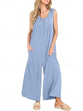 olcso alkalmi kombiné-Női Szabályos Jumpsuitek Utcai sikk Tömör szín Ujjatlan U-alakú Gombok Zseb Utca Napi Normál Fekete Sötétkék Medence Nyár