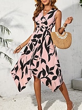preiswerte Elegante Blumenkleider-Damen Midikleid Blumenkleid Druckkleid Mode Klassisch Modern Outdoor Urlaub Täglich Normale Passform Blume Ärmellos V Ausschnitt Rosa Blau Aprikose Sommer