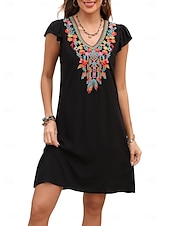 cheap Boho Dress-Women&#039;s Mini Dress Casual Dress Fashion Modern Elegant Dress Cap Sleeve Wedding Daily Date Regular Fit Floral Embroidery Sleeveless V Neck Black White Orange Summer