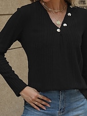 preiswerte Einfarbige Farben-Damen Bluse Einfach Modern Lässig Langarm V Ausschnitt Normale Oberteile Täglich Ausgehen Knöpfe Schwarz Blau Fuchsie Braun Grün Herbst