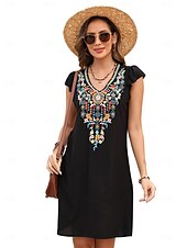 ieftine Rochii Boho-Pentru femei Rochie Mini Rochie casual Modă Modern Rochie eleganta Beretă Nuntă Zilnic Dată Fit regulat Floral Broderie Fără manșon În V Negru Roșu-aprins Mov Vară