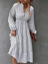 ieftine Rochie cu dungi și geometrică-Pentru femei Rochii Midi Rochie A line Casual Zilnic Potrivire Largă Dungi Manșon Lung În V Negru Albastru piscină Trifoi Primăvară Toamnă