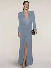 cheap Floor Length-Blazer Dress Mermaid / Trumpet Evening Gown Elegant Dress Pinstripe Tuxedo Dress Zipper Up Wedding Guest Formal Floor Length Long Sleeve Peak lapel collar Satin with Pocket