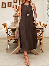 preiswerte Weißes Kleid-Damen Maxikleid A Linie Kleid Sommerkleid Lässig Täglich Normale Passform Einfach Ärmellos Rundhalsausschnitt Wein Blau Braun Grün Sommer