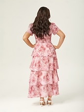 abordables Robes décontractées-Robe longue décontractée pour femme, tenue de soirée, col en V, manches courtes, coupe trapèze, imprimé floral, volants superposés, tenue de tous les jours, jupe gâteau, taille ajustée, robe longue