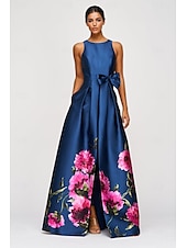 cheap FLORALS-Blue A-Line Evening Gown Elegant Dress Formal Wedding Floor Length Sleeveless High Neck Pocket Satin with Floral Print