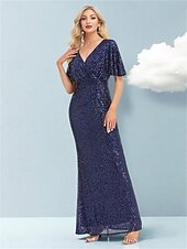 economico BLU-Abiti da festa per quindici anni sirena  tromba abito elegante formale da matrimonio lunghezza a terra maniche corte scollatura a V poliestere con glitter