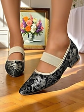 abordables Années 1950-Ballerines Mary Jane en jacquard doré pour femme avec bride élastique – Chaussures à talons bas élégantes de style vintage des années 1950 pour mariages, goûters et occasions formelles