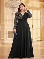 cheap BLUE-A-Line Plus Size Dresses Elegant Curve Dress Formal Wedding Floor Length Long Sleeve V Neck Chiffon with Sequin
